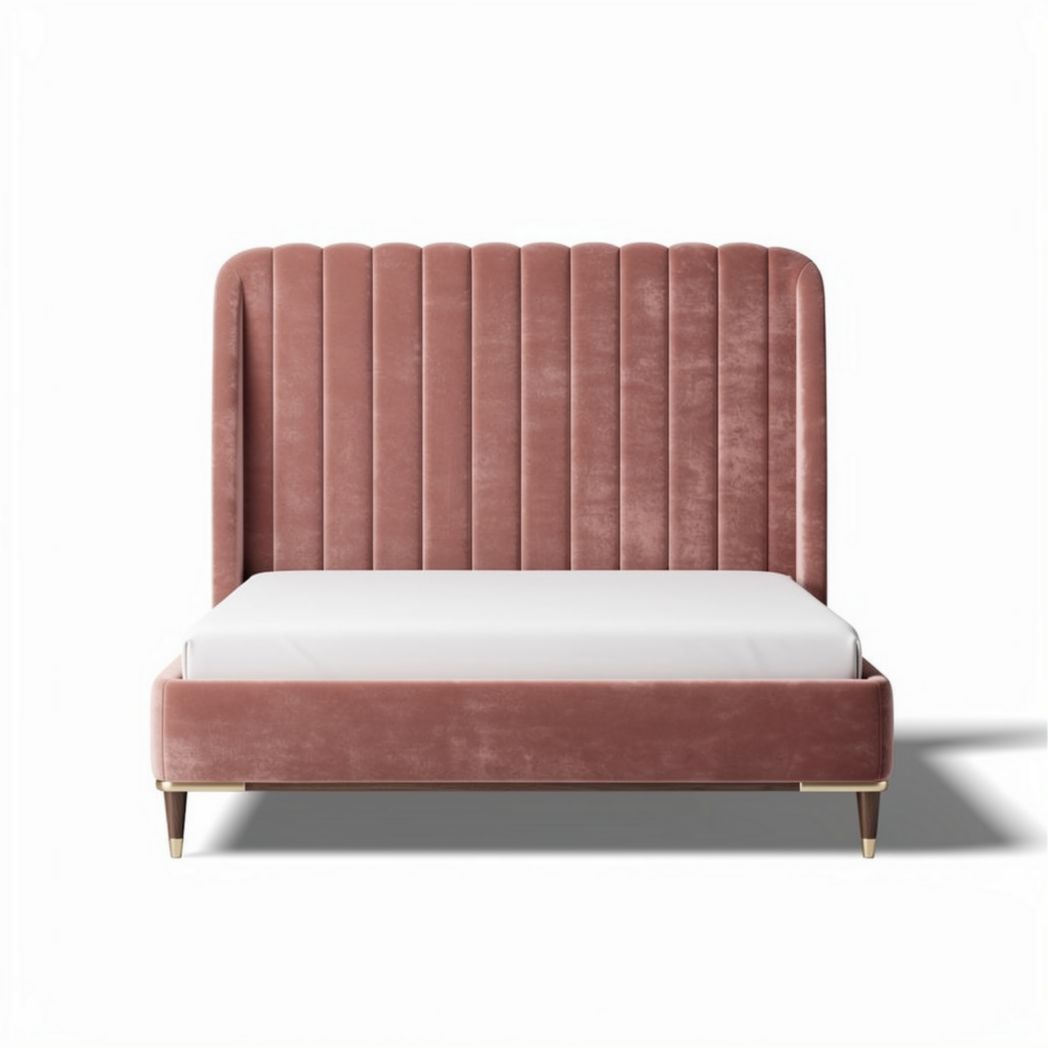 Lit en velours rose avec tête de lit matelassée dimensions 200 x 160 x 110cm