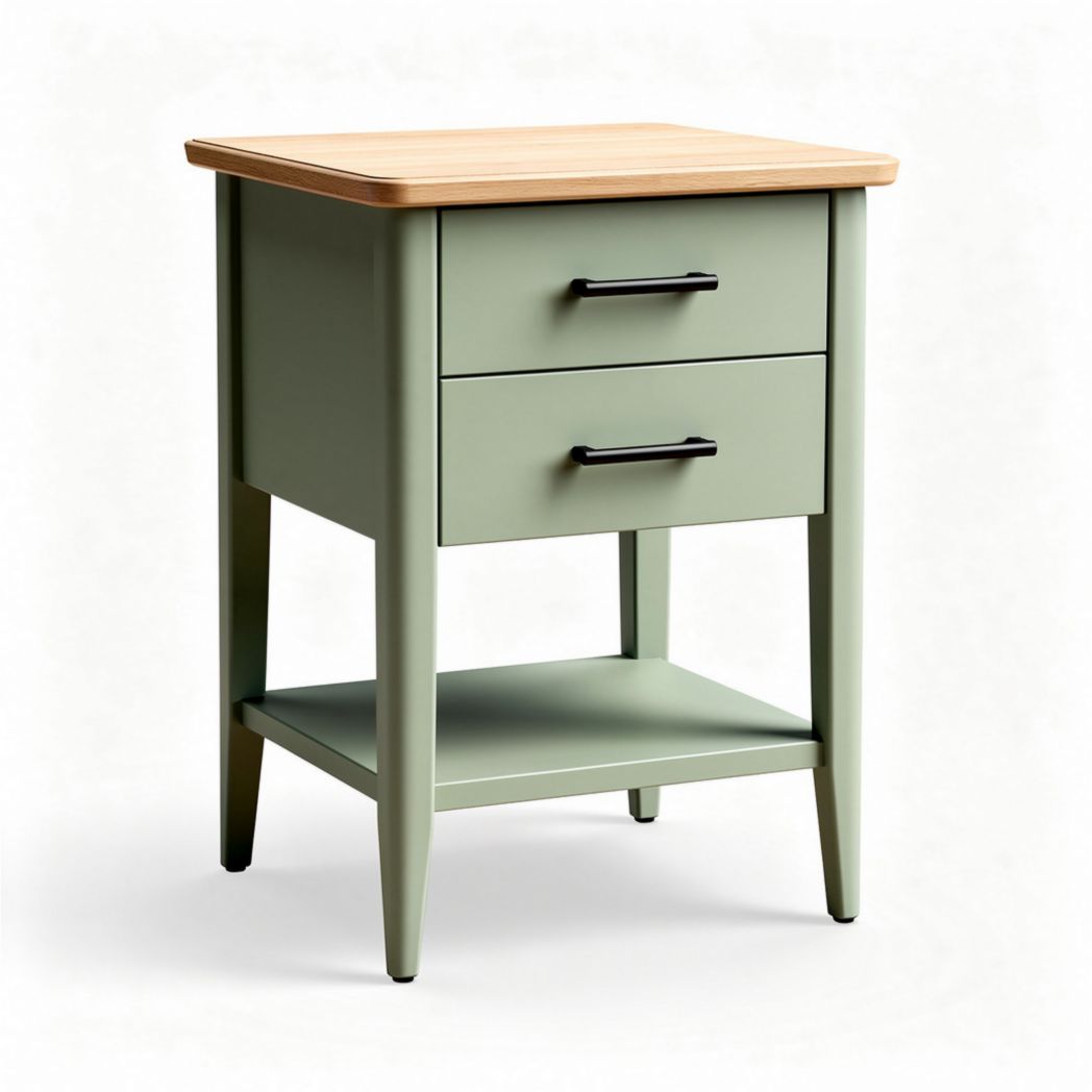 Table de chevet en métal vert avec plateau en bois 40 x 35 x 55cm et deux tiroirs