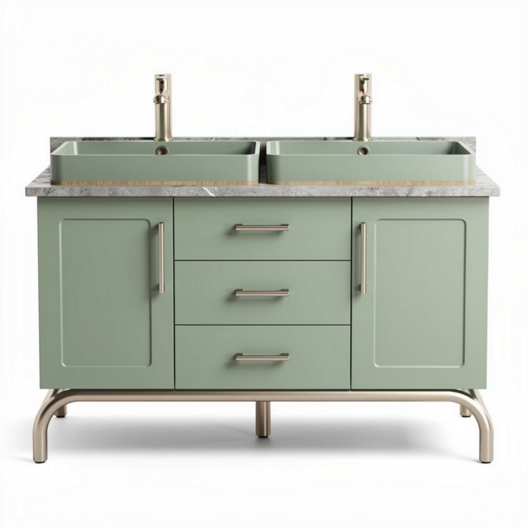 Meuble de lavabo double en granit gris et bois vert 120 x 60 x 85cm