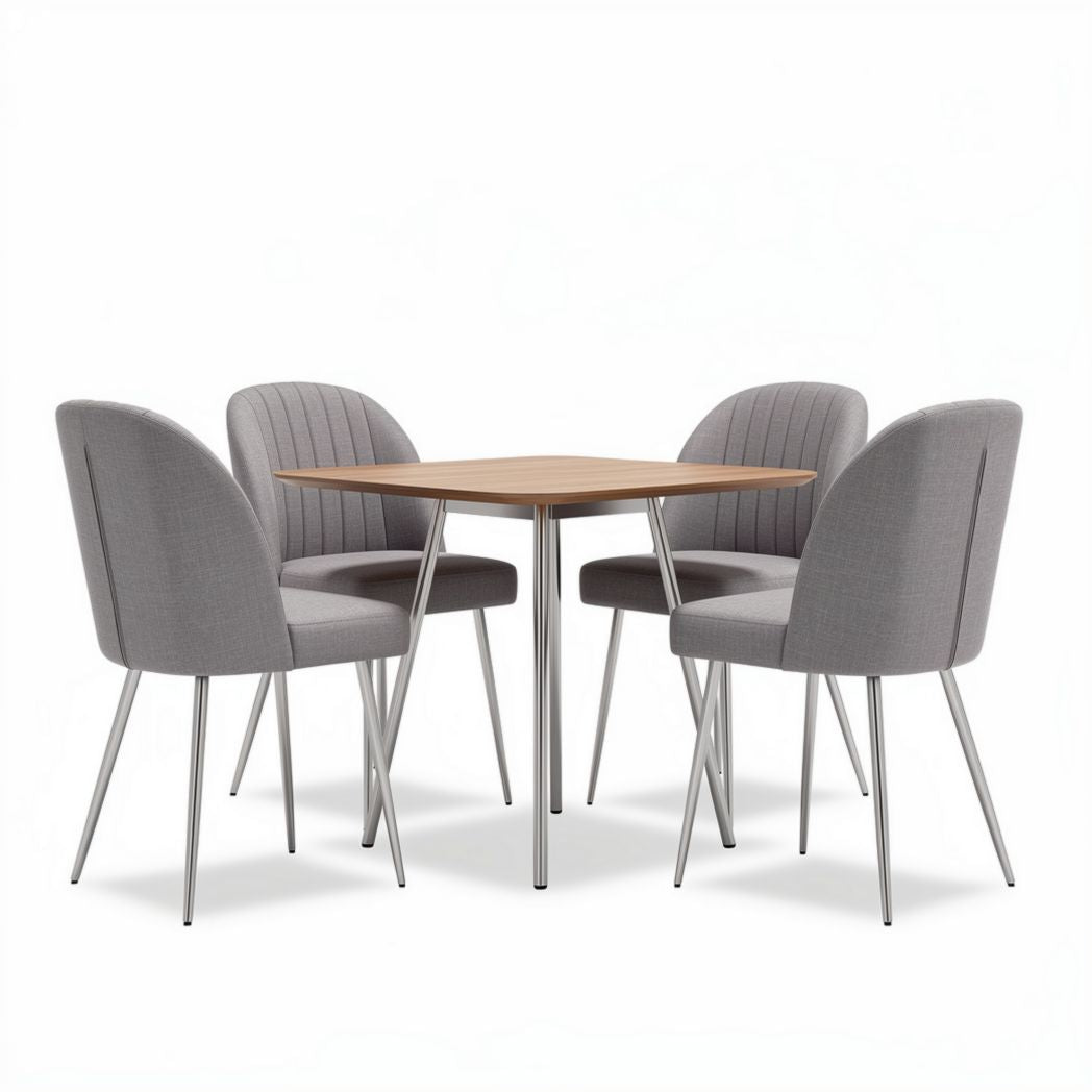 Table carrée en bois avec quatre chaises en tissu gris dimensions 90 x 90 x 75cm
