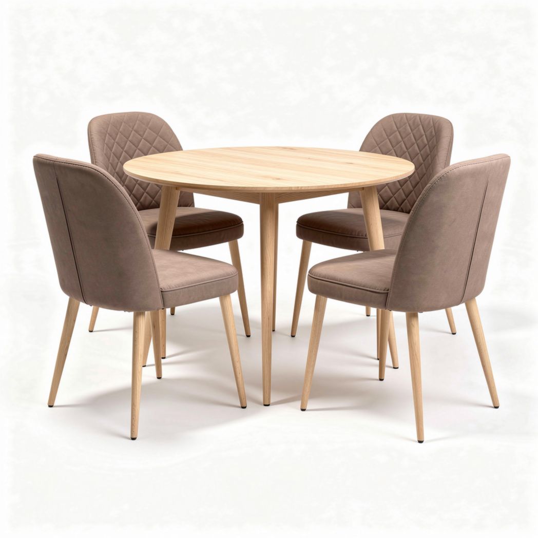 Table ronde en bois avec chaises rembourrées couleur beige dimensions 120 x 120 x 75cm
