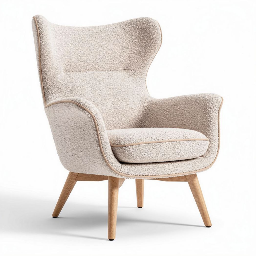 Fauteuil en tissu beige avec piètement en bois naturel 80 x 80 x 100cm